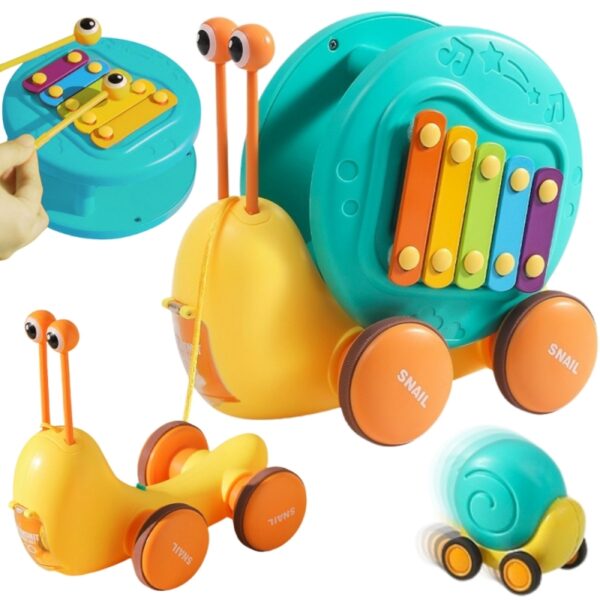 WOOPIE Ślimak do Ciągnięcia 4w1 Cymbałki Zębatki Sensoryczne Wyrzutnia + Małe Autko-01