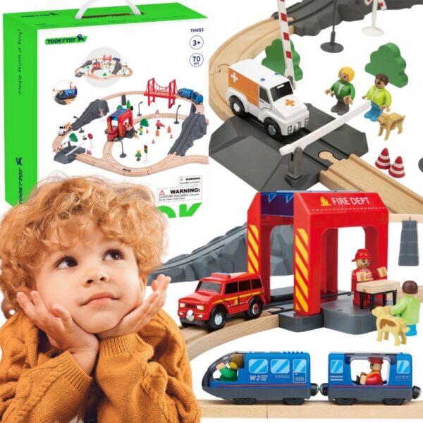 Tooky Toy Drewniana Kolejka Elektryczna Straż Pożarna Efekty Dźwiękowe 70 el.