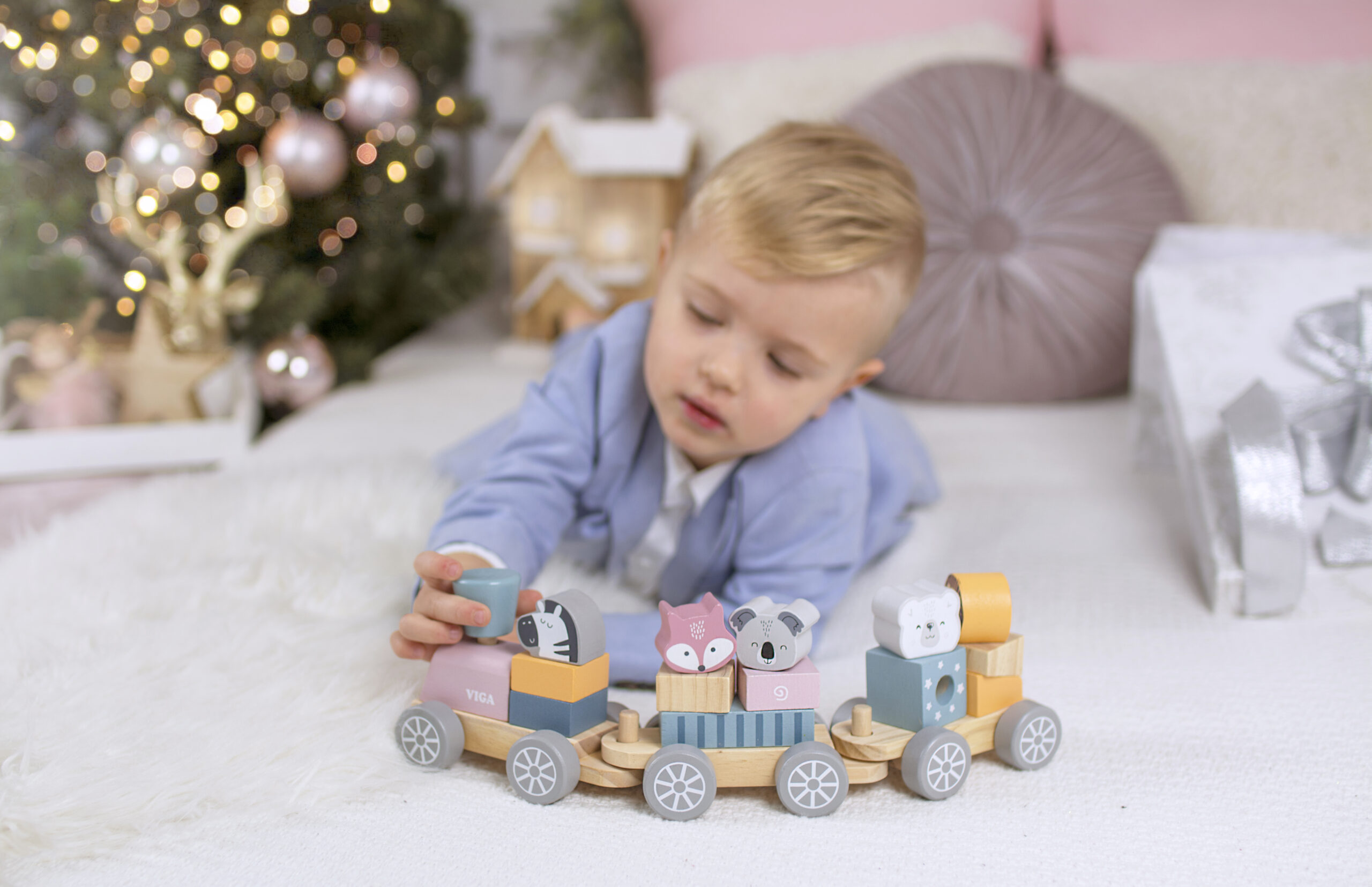 VIGA PolarB Drewniana Kolejka z Wagonikami i Zwierzątkami Do Układania Montessori 4