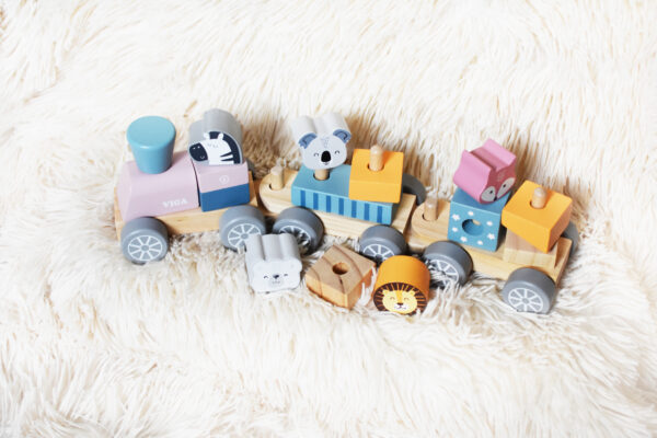 VIGA PolarB Drewniana Kolejka z Wagonikami i Zwierzątkami Do Układania Montessori - 016