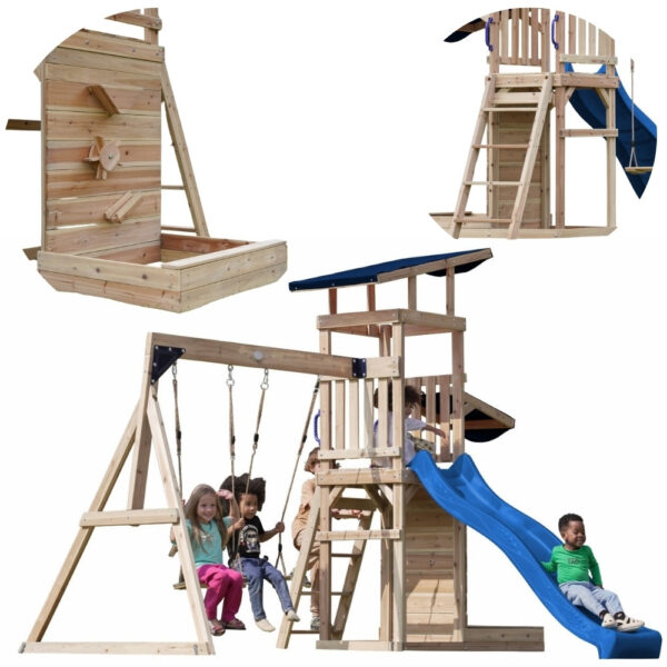 AXI Drewniany Duży Plac Zabaw Huśtawki Zjeżdżalnia Wieża + Piaskownica - 001