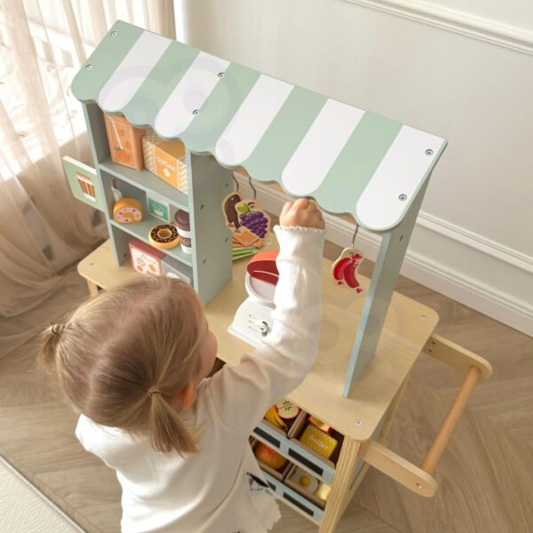 WOOPIE GREEN Duży Wielofunkcyjny Sklepik 5w1 Stragan Supermarket Restauracja Kawiarnia Kuchnia 73 el - 003