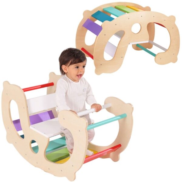 WOOPIE GREEN Drewniany Tęczowy Bujak i Mostek 2w1 Montessori FSC - 001