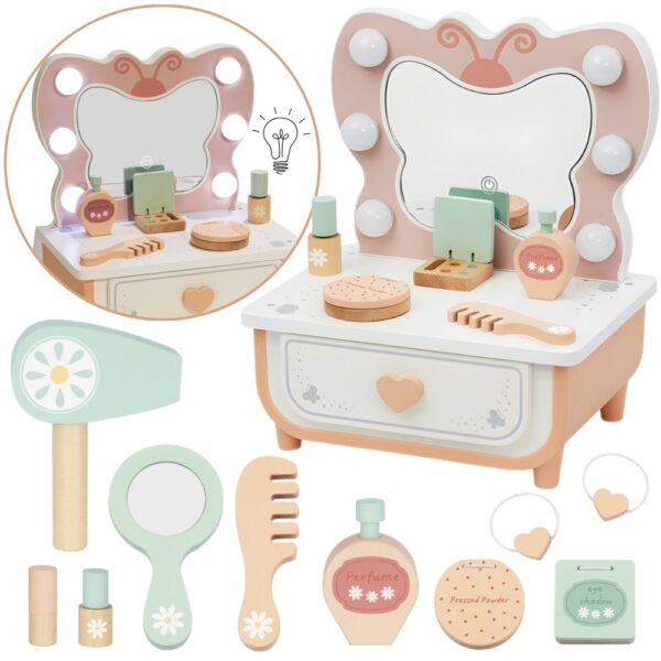 TOOKY TOY Drewniana Toaletka Motylek Akcesoria Lustro z Oświetleniem LED + Kosmetyki - 001