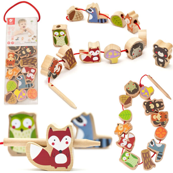 CLASSIC WORLD Drewniane Klocki do Nawlekania Zwierzęta Leśne 13 el. - 001