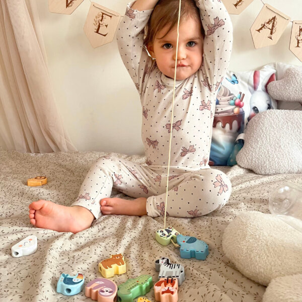 WOOPIE GREEN Drewniana Nawlekanka Klocki Przeplatanka ZOO Montessori 13 el. - 005