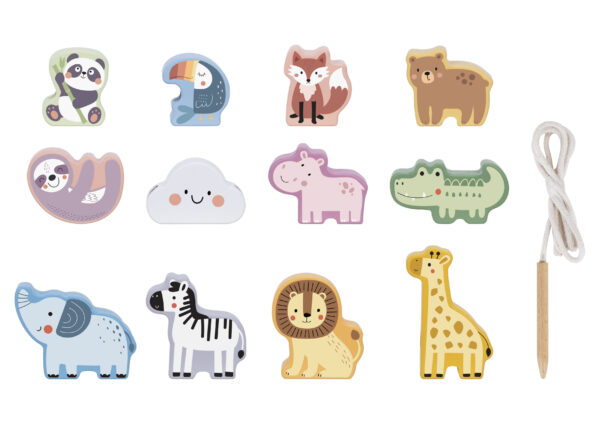 WOOPIE GREEN Drewniana Nawlekanka Klocki Przeplatanka ZOO Montessori 13 el. - 013