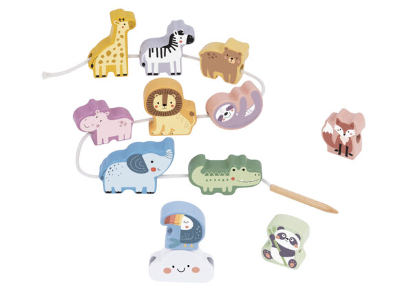 WOOPIE GREEN Drewniana Nawlekanka Klocki Przeplatanka ZOO Montessori 13 el. - 014