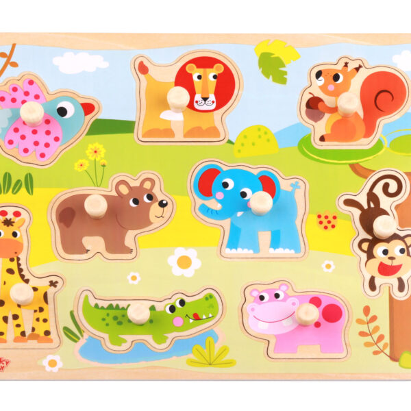 TOOKY TOY Drewniane Puzzle Montessori Zwierzęta z Pinezkami Do Dopasowania - 001