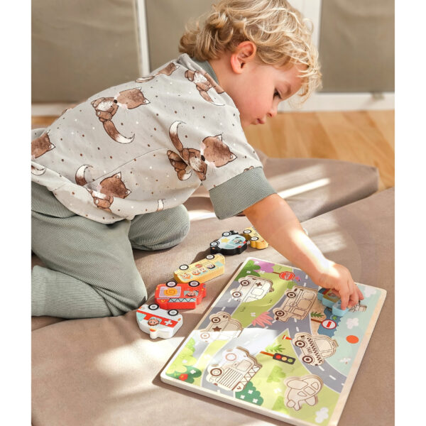 TOOKY TOY Drewniane Puzzle Montessori Pojazdy Samochody Samolot Statek Miasto Dopasuj Kształty - 005