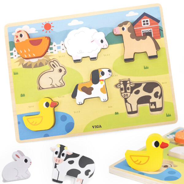 VIGA Drewniane Puzzle Układanka Montessori 2w1 Figurki Farma - 001