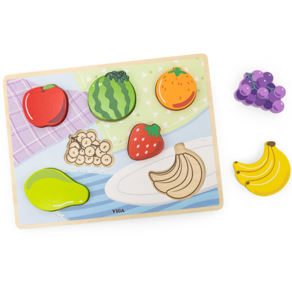 VIGA Drewniane Puzzle Układanka Montessori 2w1 Figurki Owoce - 010