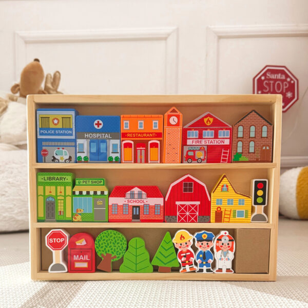 TOOKY TOY Drewniany Zestaw Budynków i Figurek Miasto - 008