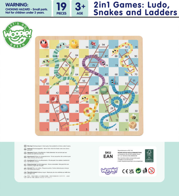 Gra planszowa 2w1 Chińczyk Węże i Drabiny drewniana 3+ - WOOPIE GREEN - 013