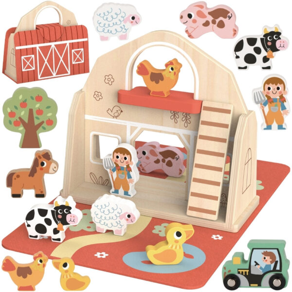 TOOKY TOY Drewniana Składana Farma w Walizce ze Zwierzątkami - 001