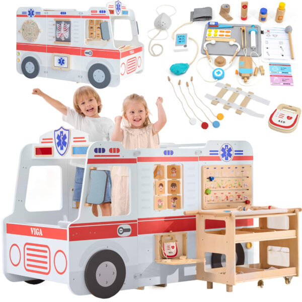 VIGA Duży Drewniany Ambulans Zestaw Karetka Małych Ratowników Akcesoria 25 el. - 001 VIGA Duży Drewniany Ambulans Zestaw Karetka Małych Ratowników Akcesoria 25 el. - 001