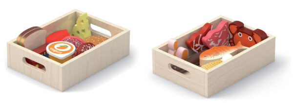 VIGA Drewniany Zestaw Artykułów Spożywczych w Skrzynkach Śniadanie Ryby Mięso Nabiał - 003