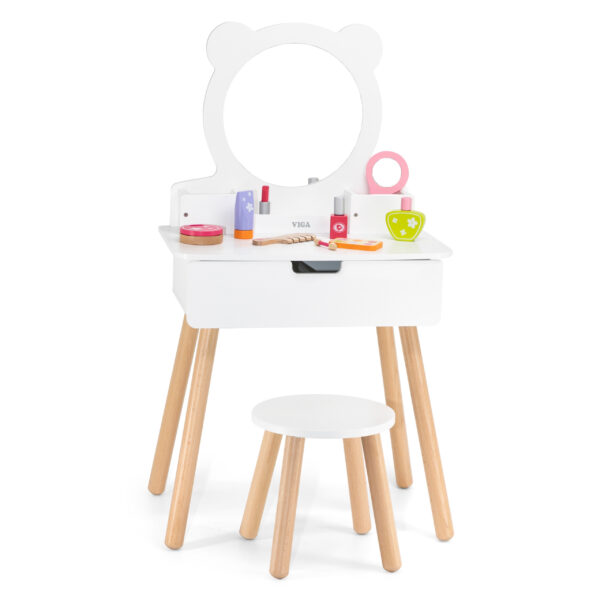 VIGA Duża Toaletka Drewniana Biała z Lustrem i Krzesełkiem - 008