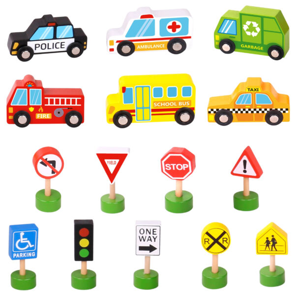 Zestaw drewnianych pojazdów i znaków drogowych 15 el. 3+ – WOOPIE GREEN - 010