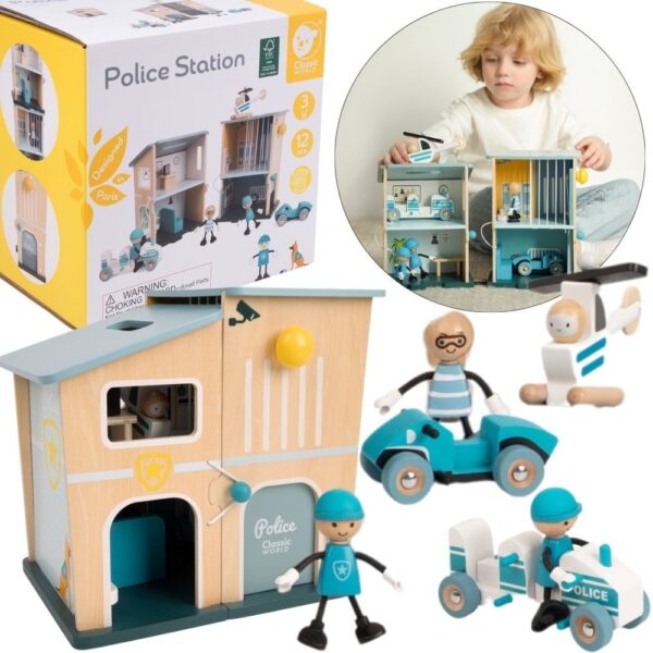 CLASSIC WORLD Posterunek Policji Drewniany Samochód Helikopter FIgurki 12el. - 001