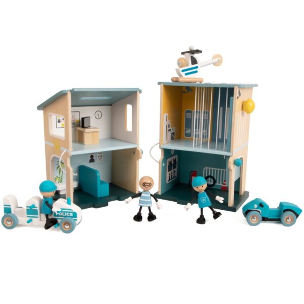 CLASSIC WORLD Posterunek Policji Drewniany Samochód Helikopter FIgurki 12el. - 009