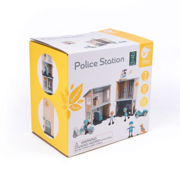 CLASSIC WORLD Posterunek Policji Drewniany Samochód Helikopter FIgurki 12el. - 011