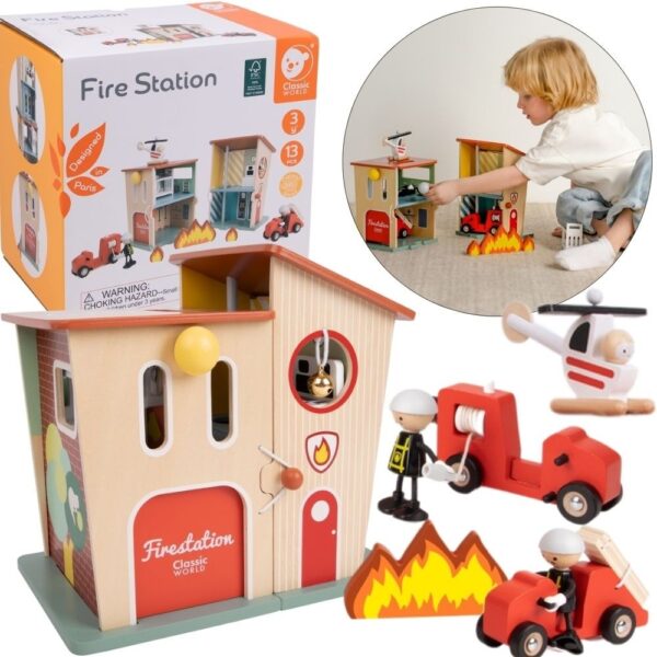 CLASSIC WORLD Remiza Strażacka Drewniana Garaż Auto Helikopter Figurki 13el. - 001