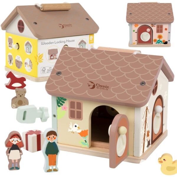 CLASSIC WORLD Drewniany Domek Sensoryczny Edukacyjny z Zamkami Kluczykami 11el. - 001