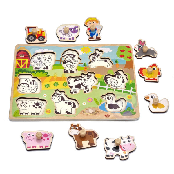 WOOPIE GREEN Drewniane Puzzle Montessori Farma z Pinezkami Do Dopasowania - 001