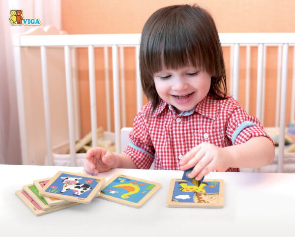 Puzzle Drewniane dla Dzieci 12 Plansz po 4 Elementy ze Stojakiem - VIGA - 003