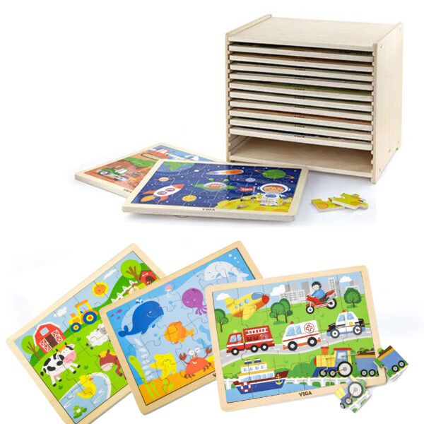 Viga Zestaw Puzzle drewniane 12 układanek po 24 el. na stojaku - 001