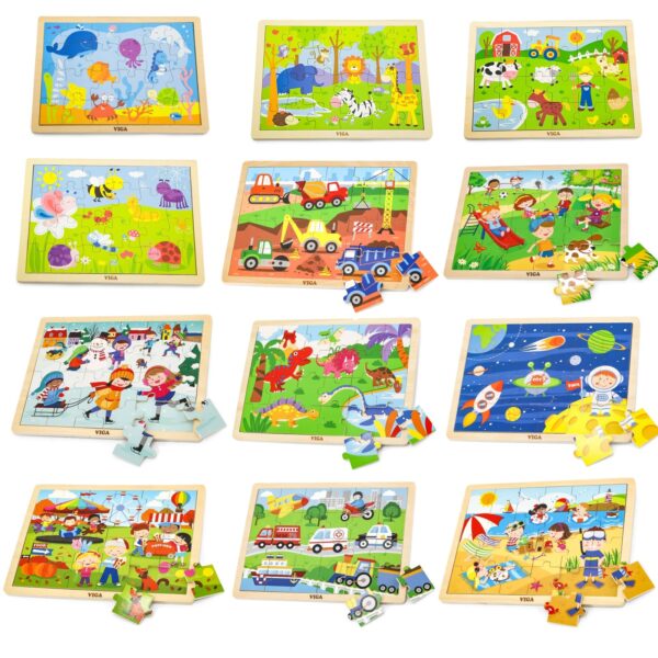 Wielki Zestaw 12 Układanek Drewnianych Viga ze Stojakiem Montessori - 002