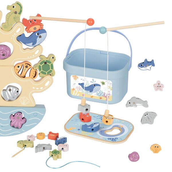 TOOKY TOY Drewniany Zestaw Morskich Zabawek Wieża Balansująca Łowienie Ryb Figurki 23 Elementy - 001