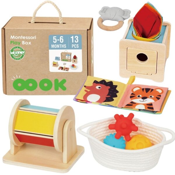 WOOPIE GREEN Box Pudełko XXL Montessori Edukacyjne 6w1 Sensoryczne 5-6 Miesięcy 13el. FSC - 001