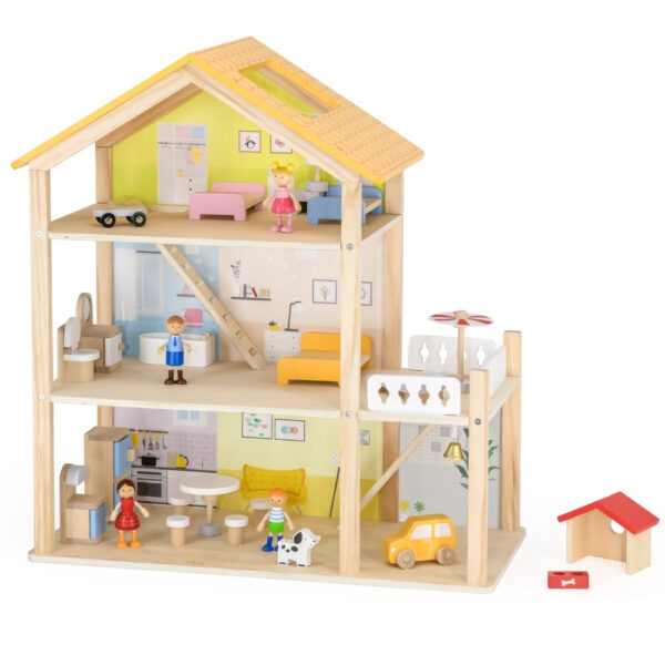 VIGA Zestaw Drewniany Domek dla Lalek z Laleczkami i Akcesoriami - 001