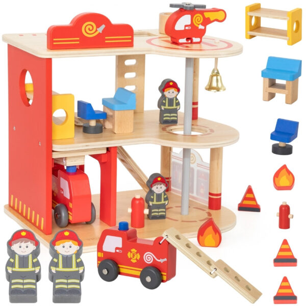 VIGA Drewniany Garaż Remiza Straży Pożarnej Zestaw 14 el - 001