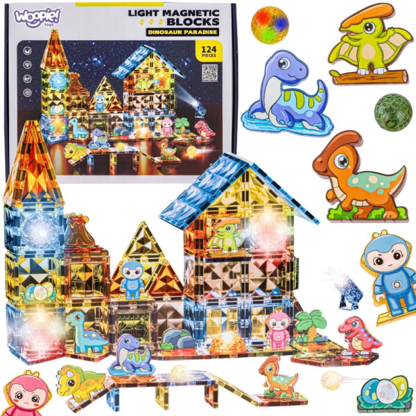 WOOPIE Klocki Magnetyczne Konstrukcyjne Świecące 3D Park Dinozaurów 124el. - 001