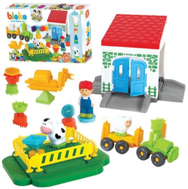 MOCHTOYS Klocki Jeżyki Pin Bricks FARMA w Kartonie 100 el. + 3 Figurki - 001
