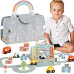 Przenośny drewniany zestaw Miasto w torbie mata z autkami - Tooky Toy - 001