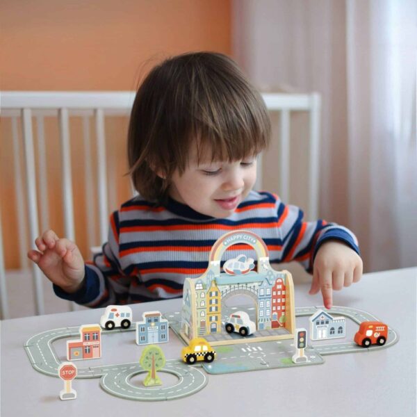 Przenośny drewniany zestaw Miasto w torbie mata z autkami - Tooky Toy - 002