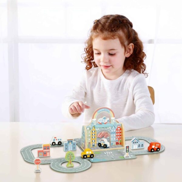Przenośny drewniany zestaw Miasto w torbie mata z autkami - Tooky Toy - 003