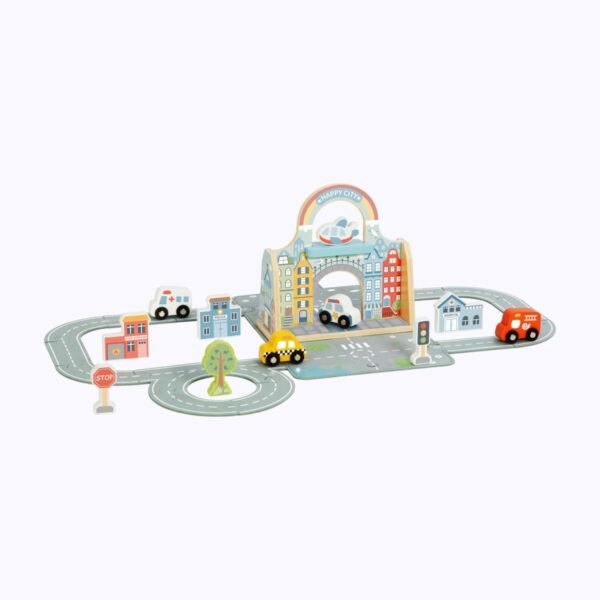 Przenośny drewniany zestaw Miasto w torbie mata z autkami - Tooky Toy - 004