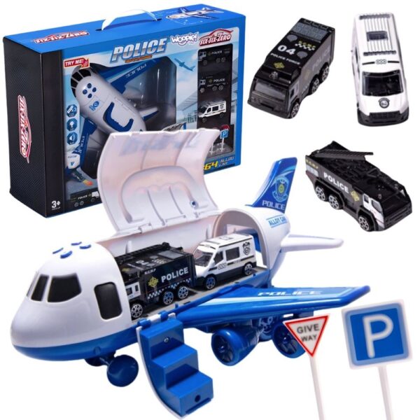 WOOPIE Samolot Rozkładany Transporter Policja z 3 Autami Policyjnymi Zestaw XL Znaki Drogowe - 001