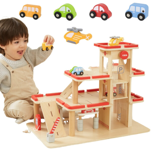 VIGA Drewniany Parking dla Samochodzików z Windą 4 Autka Helikopter - 001