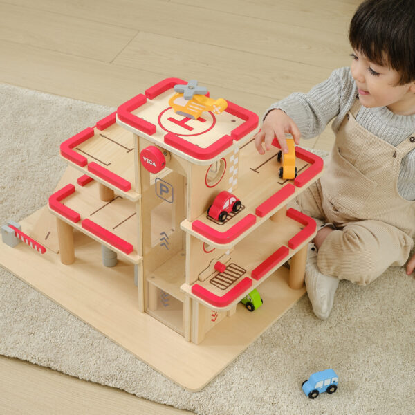 VIGA Drewniany Parking dla Samochodzików z Windą 4 Autka Helikopter - 002