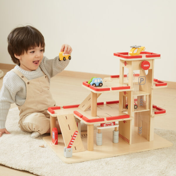 VIGA Drewniany Parking dla Samochodzików z Windą 4 Autka Helikopter - 003