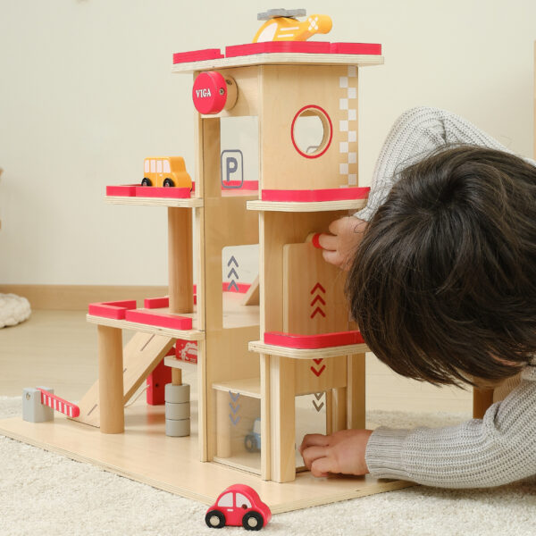 VIGA Drewniany Parking dla Samochodzików z Windą 4 Autka Helikopter - 004