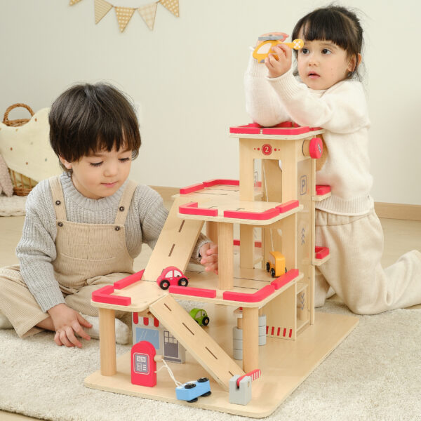 VIGA Drewniany Parking dla Samochodzików z Windą 4 Autka Helikopter - 008