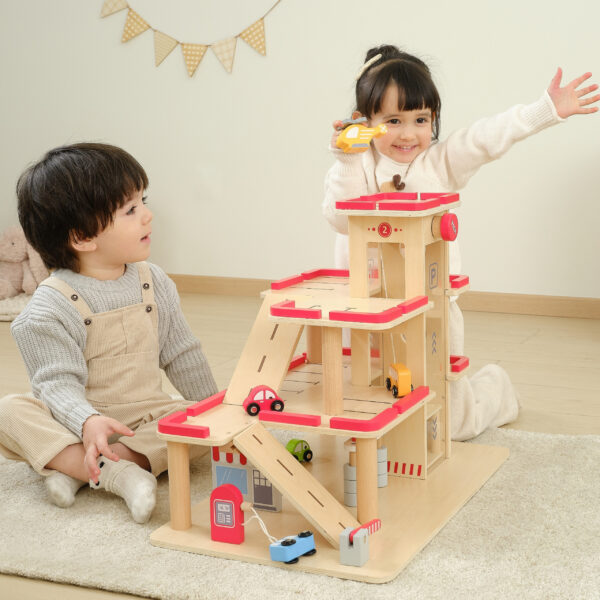 VIGA Drewniany Parking dla Samochodzików z Windą 4 Autka Helikopter - 009