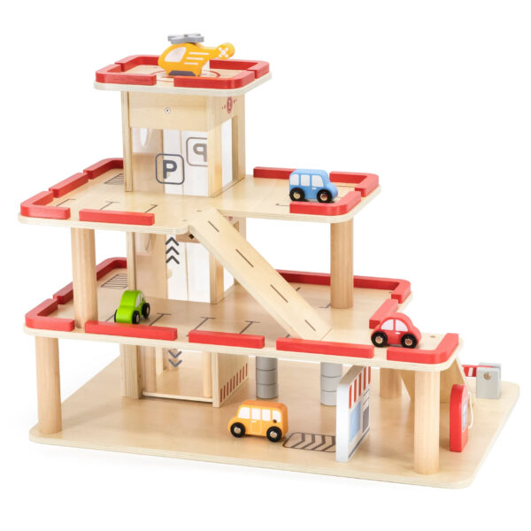 VIGA Drewniany Parking dla Samochodzików z Windą 4 Autka Helikopter - 010